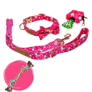 Matching: Bowtie Collar + Leash + Rope Toy + Poop Bag Carrier