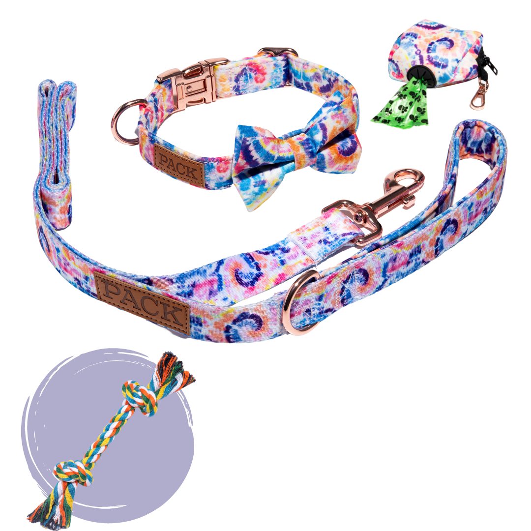 Matching Bowtie Collar + Leash + Rope Toy + Poop Bag Carrier Pack