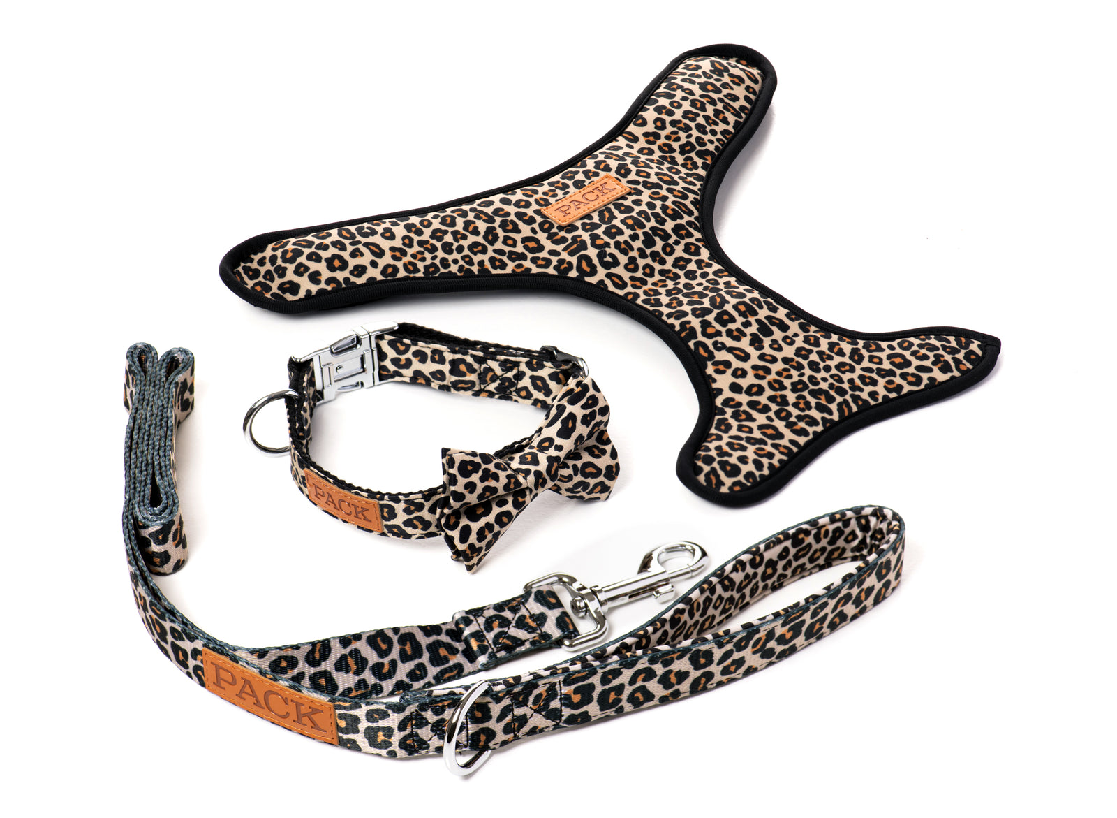 Cheetah Leash + Bowtie Collar + Reversible Harness
